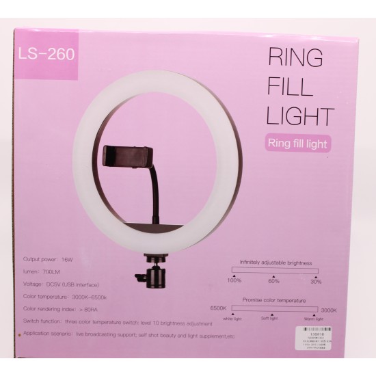 RING LIGHT LS-260 10.0" CON SOPORTE MINI TRÍPODE Y SOPORTE PARA TELÉFONO NEGRO